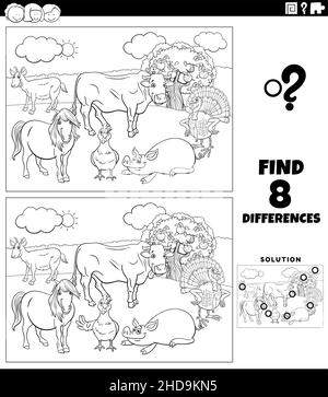 differences task with cartoon farm animals coloring page Stock Vector ...