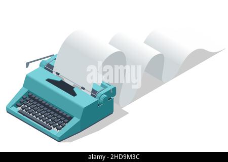 Isometric vintage typewriter with blank paper to write text. Typewriter machine in retro style. World Writer Day. Stock Vector