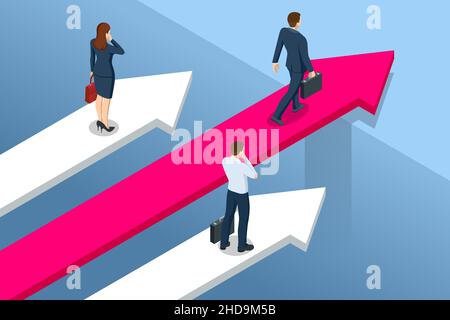 Isometric business people riding on a flying arrows. Leader stands on arrow. Career progress. Business concept Stock Vector