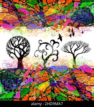 abstract multi-colored trees with flying birds. Vector illustration Stock Vector