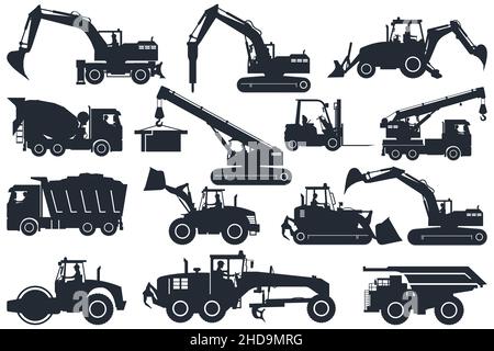 set of heavy machinery silhouettes, truck, soil compactor, backhoe, excavator, forklift, front loader, crane, motor grader, hammer, for construction a Stock Vector