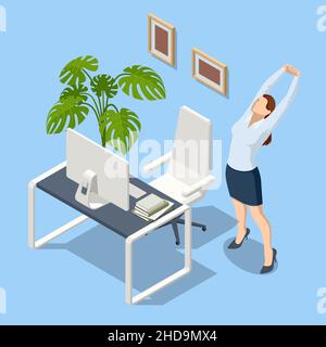 Isometric business and healthy lifestyle. Positive office worker distracted from work doing effective stretching exercises during the working day Stock Vector