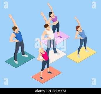 Isometric gymnastics, morning concept. Morning fitness exercising, Morning exercise for health. The people are engaged in fitness. Healthy people Stock Vector