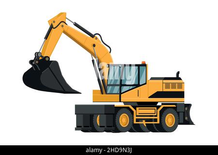 3d heavy machinery of yellow wheeled excavator for construction work on white background Stock Vector