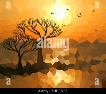 Sunset trees and birds. Abstract vector illustration Stock Vector