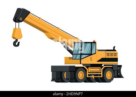 3d heavy machinery with yellow telescopic crane wheels on white background. Stock Vector