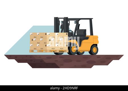 forklift loading a pallet with export boxes, 3d heavy machinery Stock Vector