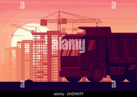 background with sunset and heavy machinery with dump truck over city and buildings under construction Stock Vector