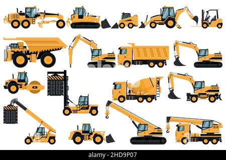 Set of heavy machinery, truck, soil compactor, backhoe, excavator, forklift, front loader, crane, motor grader, hammer, for construction and mining Stock Vector