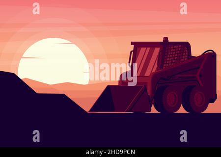 skid steer loader in a sunset with heavy construction and mining machinery Stock Vector