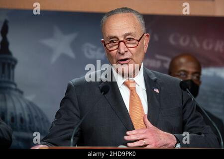United States Senate Majority Leader Chuck Schumer (Democrat of New York) offers remarks following the Democrat policy luncheon press conference at the US Capitol in Washington, DC, Tuesday, January 4, 2022. Credit: Rod Lamkey/CNP Stock Photo
