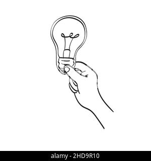 line art hand holding paper with bulb inside illustration vector hand drawn isolated on white background Stock Vector
