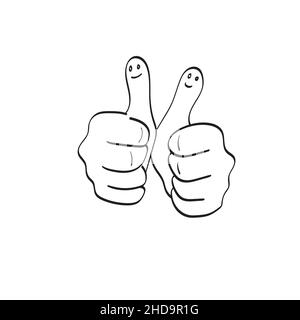 line art two thumbs up with smiling face illustration vector hand drawn isolated on white background Stock Vector