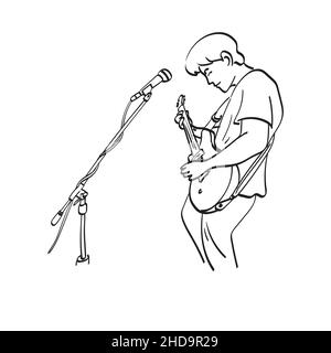 line art rock star with electric guitar and microphone illustration vector hand drawn isolated on white background Stock Vector