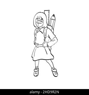 line art shcool girl standing and wearing medical mask with schoolbag ruler and pencil illustration vector hand drawn isolated on white background Stock Vector