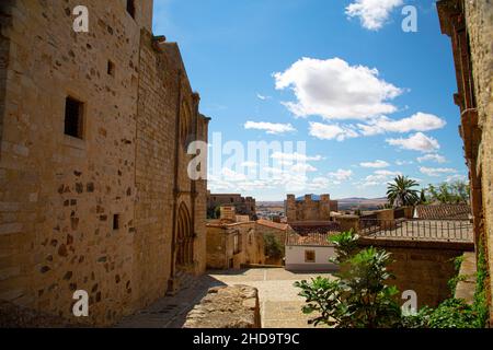 Medieval narrow streets with cobblestones in Trujillo, Spain Stock Photo