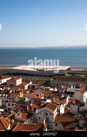 Lisbon Cruise Terminal and Tejo River seen from Alfama Terrace Viewpoint in Lisbon Stock Photo