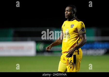 Sutton, UK. 04th Jan, 2022. Isaac Olaofe of Sutton United during the EFL Papa JohnÕs Trophy match between Sutton United and Colchester United at Gander Green Lane, Sutton, England on 4 January 2022. Photo by Carlton Myrie. Editorial use only, license required for commercial use. No use in betting, games or a single club/league/player publications. Credit: UK Sports Pics Ltd/Alamy Live News Stock Photo
