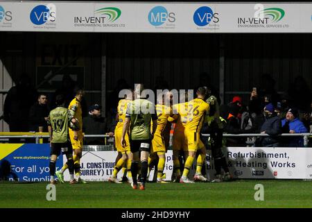 Sutton, UK. 04th Jan, 2022. Players from both sides tussle during the EFL Papa JohnÕs Trophy match between Sutton United and Colchester United at Gander Green Lane, Sutton, England on 4 January 2022. Photo by Carlton Myrie. Editorial use only, license required for commercial use. No use in betting, games or a single club/league/player publications. Credit: UK Sports Pics Ltd/Alamy Live News Stock Photo
