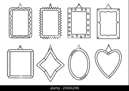 Frame in different variations of the set. Decoration simple style house, walls, rooms. Silhouette and linear black objects. Collection of frames for a photo. Stylish cozy home. Vector illustration Stock Vector