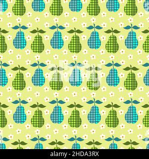 Green and blue pears with white flowers. Fruit pattern with circles ornaments Stock Vector