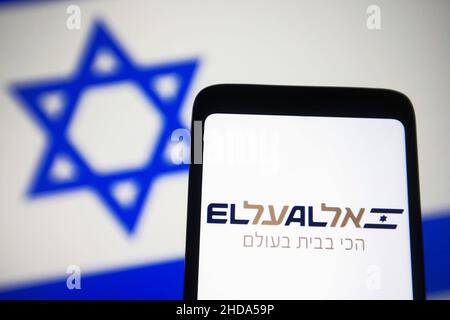 Ukraine. 04th Jan, 2022. In this photo illustration, an El Al Israel Airlines Ltd. logo of an Israeli airline is seen on a smartphone screen and flag of Israel in the background. Credit: SOPA Images Limited/Alamy Live News Stock Photo