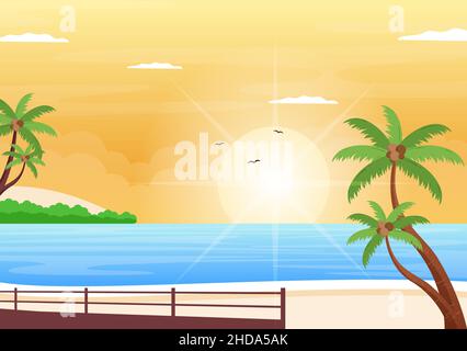 Sea Sunrise Landscape Above Morning Scene Ocean with Clouds, Water Surface, Palm Tree and Beach in Flat Background Illustration for Banner Stock Vector