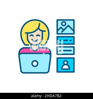 Woman working on a laptop creating media content. Pixel perfect, editable stroke color icon Stock Vector