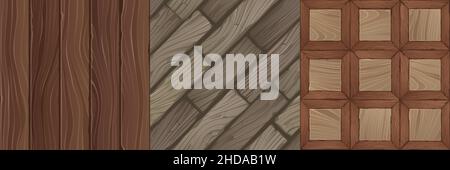 Game textures of wooden planks, bricks and panels seamless pattern. Vector backgrounds brown old wood tile parquet floor or table, laminate, hardwood parquetry, flooring slabs design ui graphics set Stock Vector
