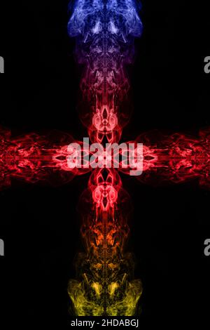 Abstract curls and clouds smoke form fantastic silhouettes shape cross painted different colors Stock Photo