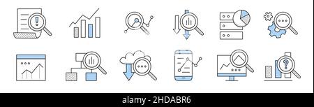 Data analysis icons, research of business, finance or science information. Vector doodle set with charts, diagrams on computer screen, magnifying glass, gear and document Stock Vector