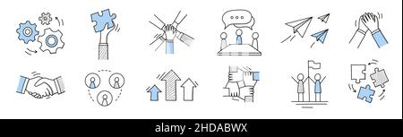 Set of doodle icons, outline business signs cogwheels, hand with puzzle piece, joined palms, negotiation, paper airplanes, high-five, handshake, raising arrows, success Linear vector illustration Stock Vector