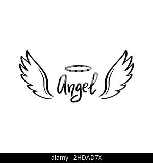 Angel wing with halo and angel lettering text. Hand drawn line sketch style wing. Simple vector illustration. Stock Vector