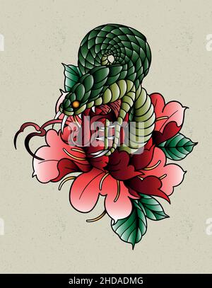snake and peony tattoo old school Stock Vector