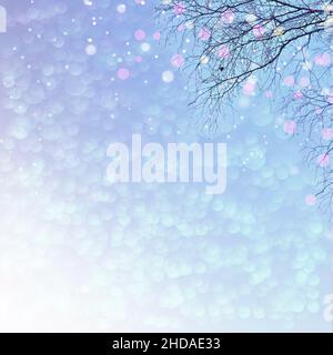 Delicate pastel blue Christmas background -  tree branch with festive lights illuminated. Fairy tale of winter nature. Minimalistic design for banner, Stock Photo