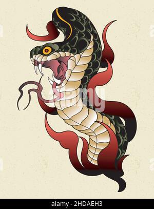 snake in fire old school tattoo Stock Vector