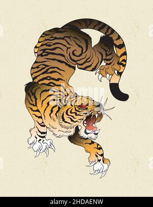 tiger tattoo old school japanese art Stock Vector