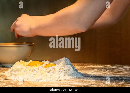 Making tagliatelle pasta by hand in Italy Stock Photo