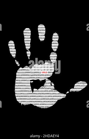 Palm print hand with binary code texture and red inscription virus Stock Photo