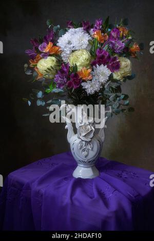 Still life with splendid bouquet and fruits Stock Photo - Alamy