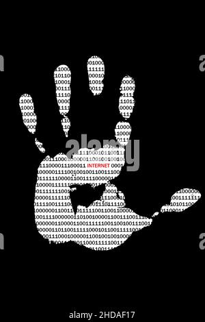 Palm print hand with binary code texture and red inscription Internet Stock Photo