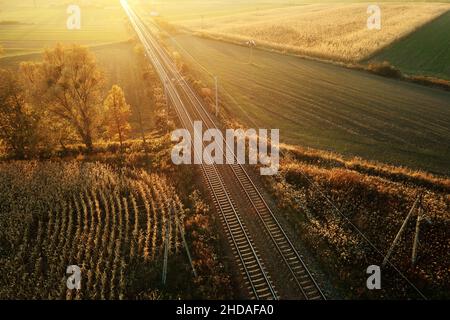Aerial view of railway through agricultural fields at sunset, countryside landscape with railroad, bird eye view Stock Photo