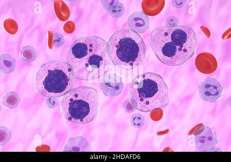 Multiple myeloma cells cluster in the blood flow - isometric view 3d illustration Stock Photo