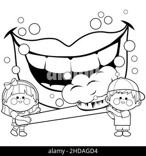 Children holding a toothbrush and brushing teeth. Black and white coloring page. Stock Photo