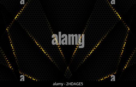 Black hexagon carbon fiber gaming sports tech background with yellow lines and shadow objects. Honeycomb technology abstract backdrop Hexagonal carbon Stock Vector