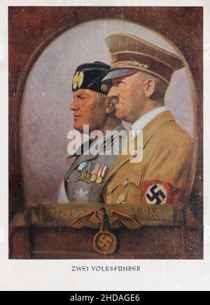 German propaganda postcard. Adolf Hitler and Benito Mussolini. Two leaders. 1937. !Only for historical purposes! Stock Photo