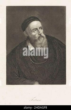 Engraving portrait of Titian.  Tiziano Vecelli or Vecellio (c. 1488/90 – 1576), known in English as Titian, was an Italian (Venetian) painter during t Stock Photo