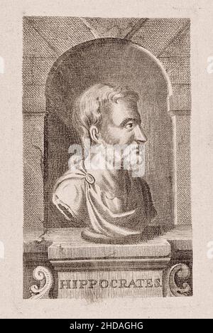 The 17th century engraving of Hippocrates of Kos. Hippocrates of Kos (c. 460 – c. 370 BC), also known as Hippocrates II, was a Greek physician of the Stock Photo