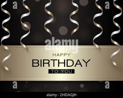 Happy birthday vector illustration with golden realistic 3d festive serpentine on dark brown bokeh background with text and gold frame border. Stock Vector