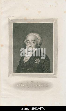 Portrait of Freiherr (baron) vom Stein. 1850 Heinrich Friedrich Karl vom und zum Stein (1757 – 1831) was a Prussian statesman who introduced the Pruss Stock Photo